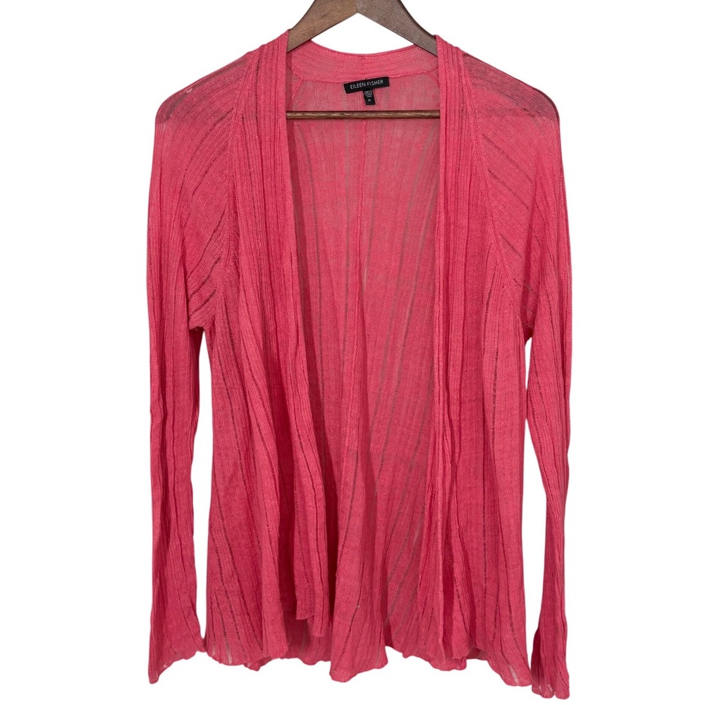 Eileen‎ Fisher Womens XL Pink Silk Linen Knit Open Front Cardigan Sweater